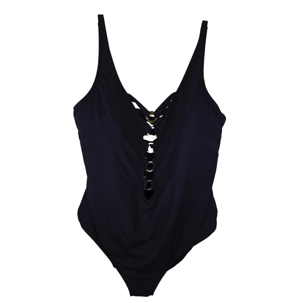Rod Beattie Bleu Lace-Up Gold Grommet Plunge One-Piece Swimsuit Women's 22W NWT